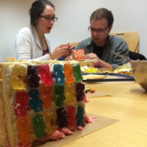Working on sugar cookie houses for our small group Valentine's Day party.